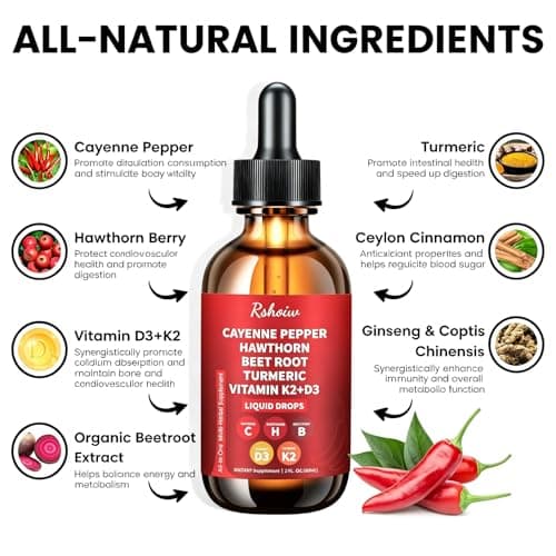 Cayenne Pepper Drops Supplement Liquid with Hawthorn Berry, Vitamin D3 K2, Turmeric Curcumin, Beet Root, Ceylon Cinnamon Vegan- Friendly - 60ml - Thumbnail 4