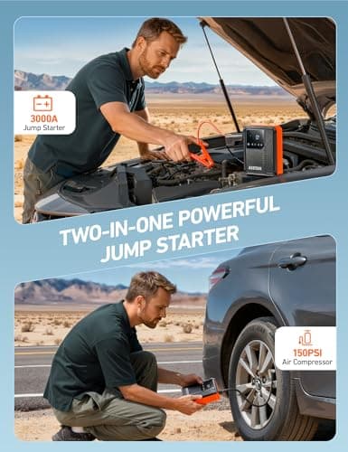 AstroAI Beta822 3000A Jump Starter with Air Compressor, 150PSI Portable Tire Inflator with Auto-Shutoff, 12V Car Battery Booster (9.0 Gas/7.0L Diesel) with LED Light and Jumper Cables, Black - Thumbnail 2