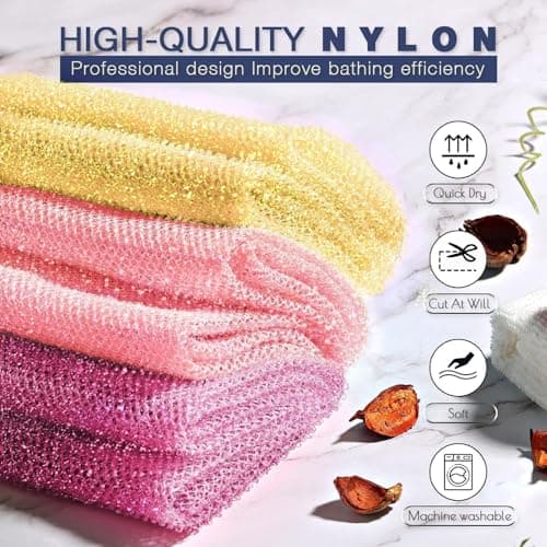 3 Piece Bright Style African exfoliating net Exfoliating Shower Set Long Bath Sponges for Smooth, Refreshed Skin, The Exterior Gleams - Ideal for Daily Use (Bright Yellow, Pink, Purple) - Thumbnail 4