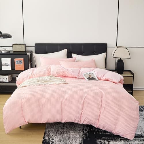 DCSKY Pink Duvet Cover Queen Size, 3pcs Washed Microfiber Bedding Set, Soft Breathable Rippled Duvet Cover Set with Zipper Closure for All Seasons