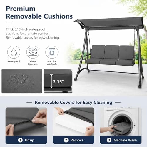 Outdoor Patio Swing, 3 Seat Porch Swing with Adjustable Canopy, Swing Chair for Backyard Garden Patio(Grey) - Thumbnail 6