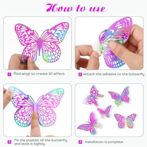 3D Butterfly Wall Decor 3 Sizes 4 Styles Butterfly Party Decorations Cake Decorations Removable Stickers Wall Decor Room Mural Metallic (Laser Pink Purple, 96Pcs) - Thumbnail 3
