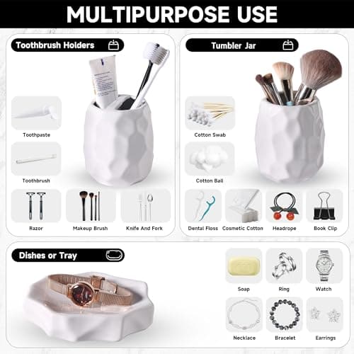 Ceramic Bathroom Accessories Set 4 PCS,Bathroom Toothbrush Holder Set,Soap and Toothbrush Holder Set,Include Toothbrush Holder,Soap Dispenser,Tumbler,Soap Dish,Bathroom Sets Decor Organizer (White) - Thumbnail 3