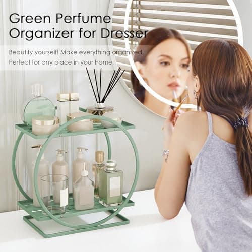 YIWANFW Green Perfume Organizer for Dresser, 2-Tier Bathroom Counter Organizers, Elegant Round Makeup Organizer for Vanity, Versatile Bathroom Tray Countertop Shelf, Compact Skincare Storage - Thumbnail 2