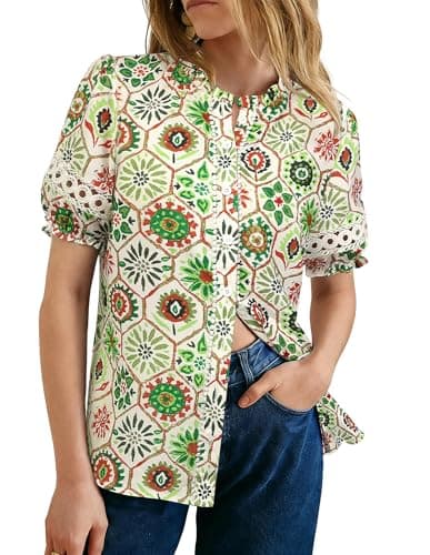 GRACE KARIN Women Boho Floral Tops, Summer Short Eyelet Sleeve Dressy Casual Shirts, Spring Button Down Blouse 2026 Trendy Green Medium - Image 1
