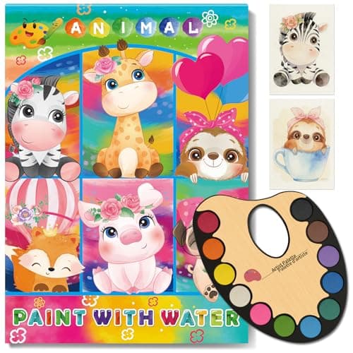 Elfew Paint with Water Coloring Books for Kids 3-8, No Bleed Watercolor Painting Book for Toddlers, 12 Colors Paint Set, 15 Animal Designs, 200GSM Thick Paper, Travel Art Kit for Kids 4-6