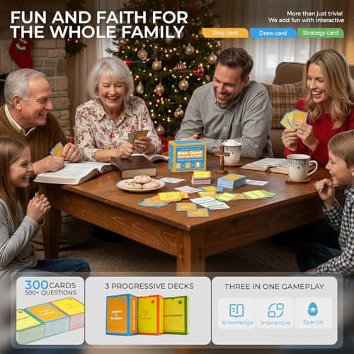 3-in-1 Bible Trivia & Activity Game for Kids & Adults - 300 Cards with Easy & Hard Questions - Fun Sunday School Lesson Bible Study, Family Night & Road Trip - Thumbnail 2
