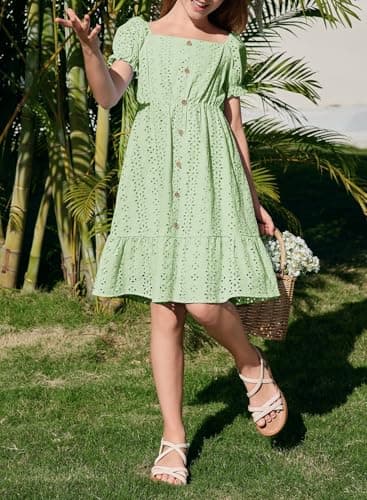 DOKOTOO KIDS Girls Dresses Summer Teen Girl Short Sleeve Party Dress Tween Junior A-line Cotton Cute Casual Eyelet Button Flowy Cute Tropical Beach Outfits Green Medium Size 6 7 Years Old - Thumbnail 2