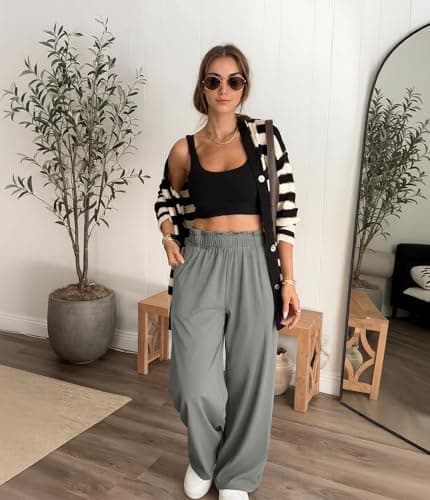 YOAKUKA Women's Wide Leg Pants Casual Elastic Waist Trousers Loose Flowy High Waisted Yoga Pants with Pockets Light Gray - Thumbnail 3