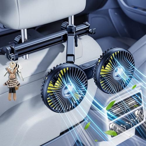 DICMKY Long Arm Dual Head Car Cooling Fans for Back Seat for Kids, Battery Powered Rechargeable 5V/12V/24V Car Backseat Headrest Fan for Baby Rear Facing Car Seat Cooler That Blow Cold Air for Vehicle