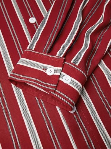 Hardaddy Men's Classic Color Contrast Striped Shirt Long Sleeve Casual Button Down Shirts Blouse Wine Red 3XL - Thumbnail 5