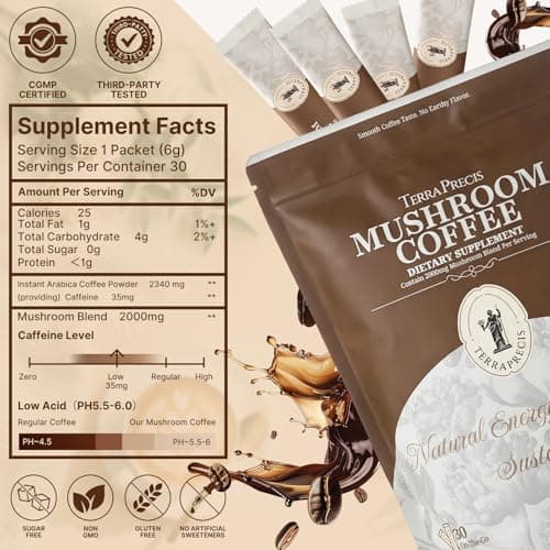 Instant Mushroom Coffee, Single Serve Postum Coffee Alternative (Low Caffeine, Sugar Free) Powder with Organic Lions Mane & Reishi for Better Energy, Focus, Digestion, Immunity, No Jitters, 30 Packets - Thumbnail 6