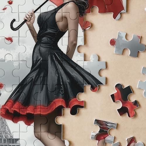 Paris Flower Woman with Umbrella Puzzles for Adults 1000 Pieces, Eiffel Tower Beautiful Girl Jigsaw Puzzles, Challenging Retro Art Puzzles - Thumbnail 3