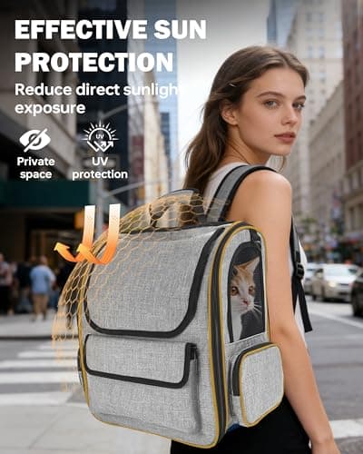 Cat Backpack Carrier with Detachable Round Play Tunnel, 2 in 1 Expandable Cat Backpack with Breathable Mesh,Cat Carrying Backpack for Cat 17lbs & Small Dog 13lbs,Grey Orange. - Thumbnail 4