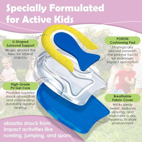 JL-Group Non-Shifting Kids Heel Cups for Sever's Disease Pain Relief, Durable Shock Absorbing Gel Inserts for Active Boys & Girls, Satys in Place for Cleats Sneakers (Blue - 1 Pair, Kid's Size 3-7) - Thumbnail 2