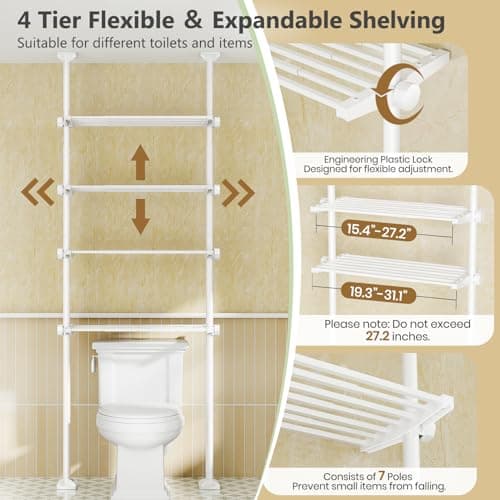 Bonpally Over The Toilet Storage Shelf, 4-Tier Adjustable Bathroom Organizer, No Drill Tension Mounted Shelves Metal, Space-Saving Bathroom Cabinet Rack Above Toilet for Small Bathroom Rooms, White - Thumbnail 4