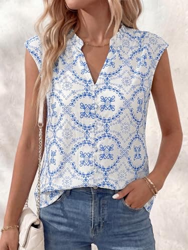 BTFBM Boho Tops for Women Summer Outfits Eyelet Embroidered Sleeveless Button Down Shirts Beach Vacation Clothes 2026(White Blue Flower, Large) - Thumbnail 2
