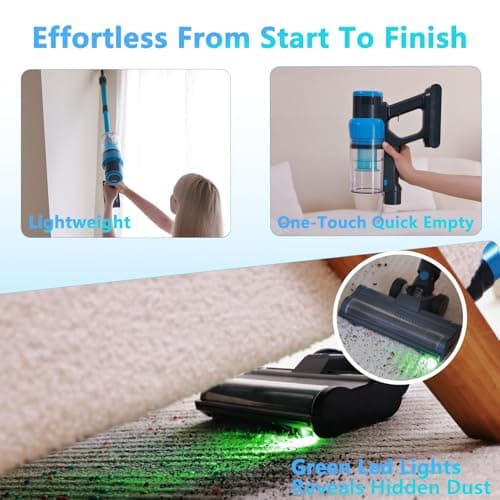 Cordless Stick Vacuum Cleaner: 45kPa Powerful Suction & 60Min Runtime, Self-Standing with Green Light & Anti-Tangle Brush, Rechargeable Lightweight Vacuum for Home Pet Hair on Carpets and Hard Floors - Thumbnail 5