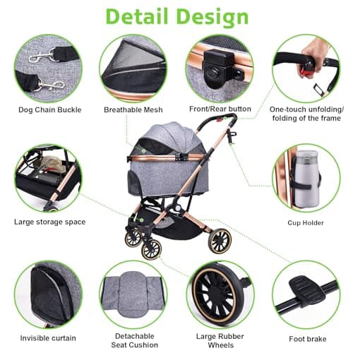 LENSEMUS Dog Stroller for Max 45 lbs Dogs - 3 in 1 Pet Stroller with Detachable Storage Basket 4 All-Terrain Rubber Wheels Pull Rod Durable Travel Carrier for Medium Dogs 2 Small Cats (Grey) - Thumbnail 6