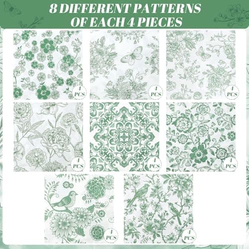 32 Pcs 8 Styles Decoupage Napkins, Sage Green Floral Paper Napkins Chinoiserie Decorative Cocktail Napkin Pretty Printed Cocktail Paper for DIY Crafting Furniture Decor Birthday Party Baby Shower - Thumbnail 6