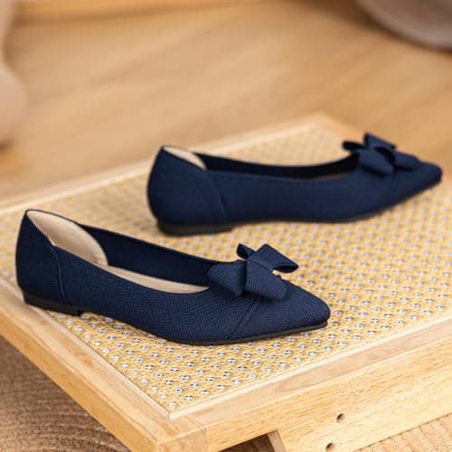 AHZEHRSE Women's Flats Shoes Comfortable Slip On Shoes Classic Dressy Pointed Toe Bow Knit Ballet Flat Blue - Thumbnail 5