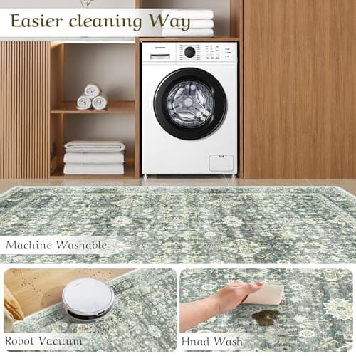 HOMFINE 8x10 Area Rugs for Living Room - Washable Area Rug Non-Slip Carpets, Low Pile Floral Vintage Print Pattern Rug Carpet Stain Resistant for Bedroom Dining Room Home Decor Office, Green - Thumbnail 4