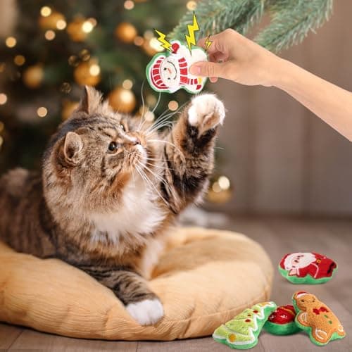 Retro Shaw Christmas Cat Toys, Xmas Catnip Toys for Indoor Cats Kitten Teeth Cleaning, Crinkly Interactive Cat Chew Nip Kitty Kicker Toy Santa Claus Trees Snowman, 5 Pack - Thumbnail 5