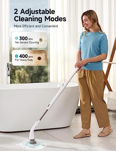 HiCOZY Electric Spin Scrubber HS1, Cordless Shower Scrubber for Cleaning with 4 Replaceable Brush Heads Adjustable Extension Handle, IPX7 Waterproof Cleaning Brush for Bathroom Floor White - Thumbnail 3