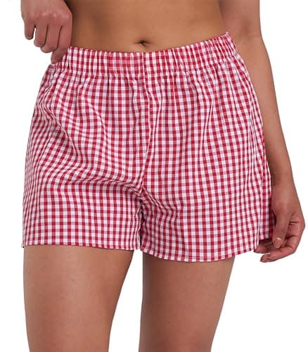 Sunzel Women's Gingham Plaid Boxer Shorts – Elastic Waist Loose Fit Pajama Lounge Shorts Y2K Summer Beach Casual Pj Bottoms Red Plaid X-Large - Image 1