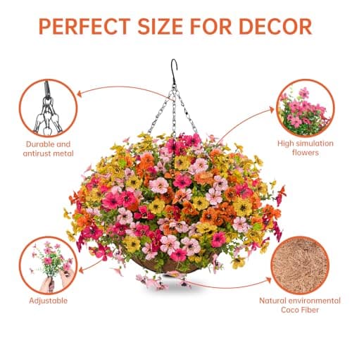 Artificial Flowers with Hanging Baskets Outdoors for Decoration Spring Summer Faux Daisy for outdoor planters Fake artificial hanging plants UV Resistant for Porch Home Patio Decor (Honey Gold) - Thumbnail 3