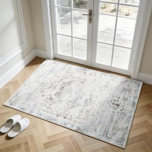 2'x3' Washable Area Rug Non-Slip, Vintage Floral Medallion Distressed Entryway Kitchen Bathroom Mat, Soft Low Pile Indoor Floor Carpet for Hallway Laundry, Ivory & Soft Denim Blue Vintage-Style