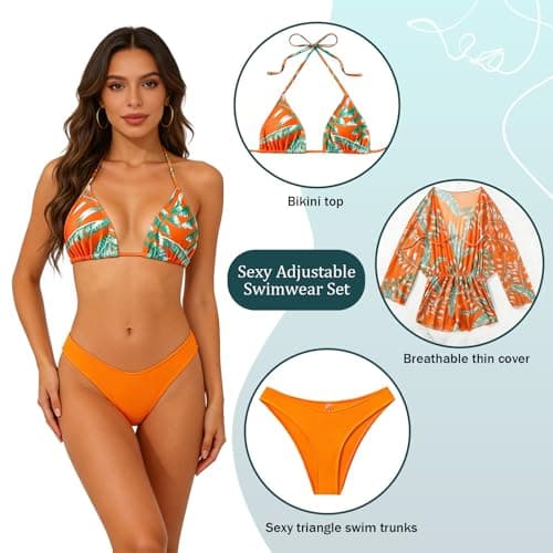Bolsamila Women's 3 Pieces Swimsuit Mesh Skirt Halter Triangle Bikini Sets Bathing Suit with Beach Cover Ups Orange XX-Large - Thumbnail 5