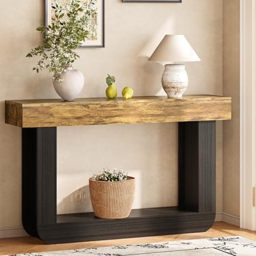 Tarnorci 55'' U-Shape Narrow Console Table, Farmhouse Wood Behind Couch Table with Bottom Storage Shelf, Vintage Entryway Table for Living Room Hallway Entrance - Thumbnail 4