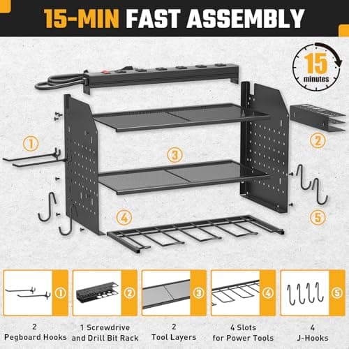 ZESEN Power Tool Organizer Wall Mount, 3 Layer Charging Station with 6 Outlets, 4 Drill Holders and Drill Bit Rack, Tool Holder Storage Shelf Rack for Garage, Workbench and Workshop, Black - Thumbnail 4