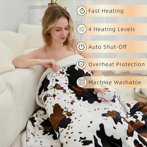 Heated Throw Blanket Cow Print Electric Blanket, Heating Blanket with 4 Heat Levels & 4-Hour Auto Shut-Off, Soft Flannel Sherpa Electric Throw, Machine Washable (White Cow Print, Throw) - Thumbnail 6