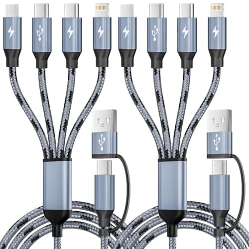 Fristing 4 in 2 Multi Charger Cable, USB A/C Charging Cables for Multiple Devices with Dual Type-C/IP/Micro, Universal Phone Multiple Charger Cord with iPhone17-8/Android/Car (2Packs 5FT)