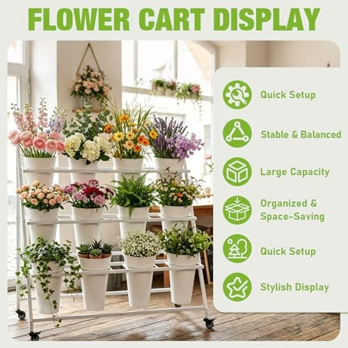 Qidejoy Flower Bar Display Stand with 12 Buckets & Wheels, Bouquet Bar - Thumbnail 4