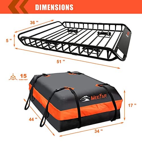 Roof Rack Carrier Carrier Basket 51"*36"*5"+Waterproof Bag 15 Cubic Feet(44"*34"*17"),and Cargo Net with Attachment Hooks,Ratchet Straps.200 Lbs Capacity,Universal Rooftop Large Size Roof Rack - Thumbnail 4