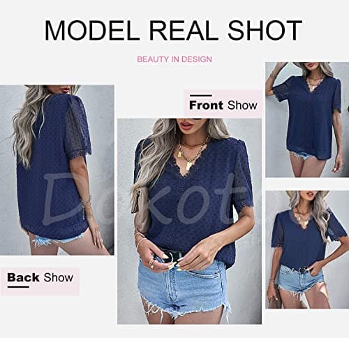 Dokotoo Womens Tops Dressy Casual Summer Tops for Women 2026 Summer Sexy Lace Crochet V Neck Short Sleeve Pom Pom Boho Shirts Casual Loose Solid Chiffon Womens Blouses Blue S - Thumbnail 3