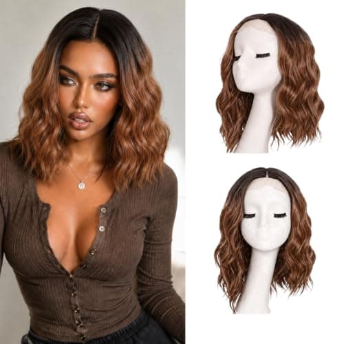 Uioxvn Synthetic Short Wavy Wig Bob Style Lace Hairline Shoulder Length Glueless Beginners Friendly Middle Part Heat Resistant Fiber Wigs Rooted Dark Brown Highlight Mix Amber Rust Omber - 14 Inch - Image 1