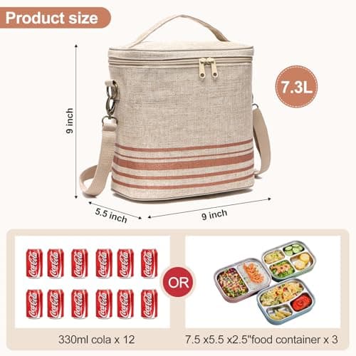 neatlife Lunch Tote Bag for Women, Thermal Bag with Double Zipper Close and adjustable shoulder strap, Insulated Cooler Bag for Work, Travel & Picnic (Golden Stripe) - Thumbnail 2
