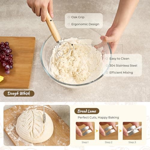 Napute Sourdough Starter Kit, 9PCS Sourdough Breads Baking Supplies, Banneton Bread Proofing Basket Set with 9" Round & 10" Val, Bread Sling, Whisk, Scrapers, Bread Lame, Bag, Sour Dough Baking Tools - Thumbnail 6