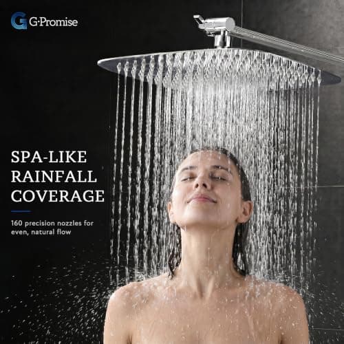 G-Promise All Metal 14 Inch Dual Square Shower Head with Handheld Spray Combo, Rain Shower Head, Adjustable Extension Arm, 3-Way Diverter, 71 Inch Extra Long Hose - A Bathroom Upgrade (Chrome) - Thumbnail 2
