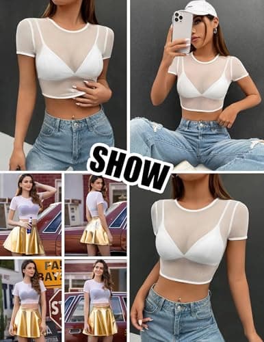 GAMMIS Womens Short Sleeve Tops Mesh Sheer Mesh Shirt Sexy Tops Crew Neck Fitted Party Tops Pure White M - Thumbnail 2