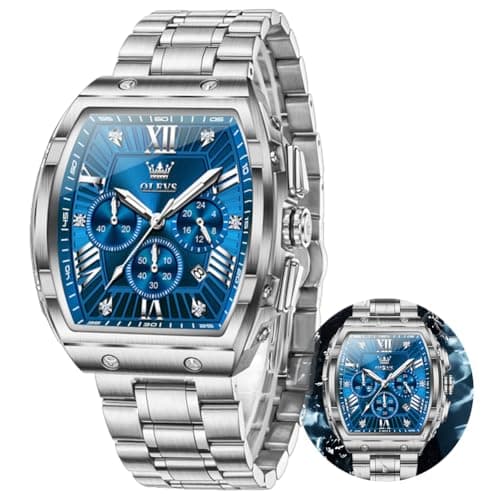 OLEVS Watches Men Blue Face Rectangle Tonneau Fashion Fancy Silver Stainless Steel Dress Wrist Watches Waterproof Chronograph Luminous Battery Luxury Big Dial Watches for Men Relojes para Hombres - Image 1