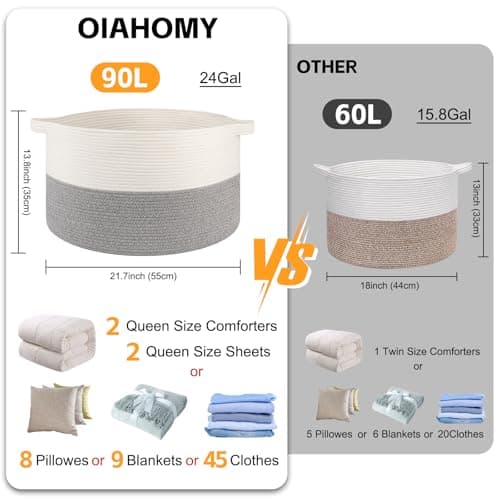 OIAHOMY 90L XXXLarge Blanket Basket for Living Room, 21.7" x 13.8" Woven Cotton Rope Laundry Basket for Organizing Pillows, Decorative Stuffed Animal Toy Storage for Nursery, White and Light Grey - Thumbnail 2