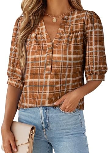 Dokotoo 3/4 Length Sleeve Womens Tops Dressy Casual Blouses V Neck Button Down Shirts Business Casual Outfits Plaid Dress Shirt Short Sleeve Boho Orange Tops Small - Image 1