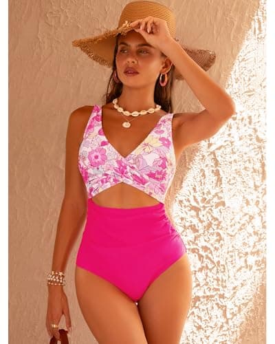 GRAPENT Bathing Suit for Women 1 Piece Suits Women's Swimsuit Women’s Beach Vacation Clothes Floral Vintage One Piece Swimsuit Women, Magenta Pink Floral, M, US Size 8 to 10 - Thumbnail 5