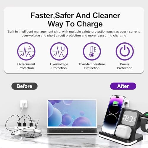 Wireless Charger, 4 in 1 Charging Station for Apple, Wireless iPhone Charging Stand for Bedrooms with Bedside Clock Night Light for iPhone 17 16 15 14 13 12 11 Pro Max, Watch and Airpods - Thumbnail 3