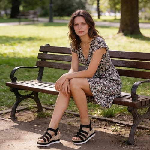 Athlefit Espadrille Low Wedge Sandals for Women Comfortable Casual Open Toe Platform Sandals for Summer Beach Vacation Black, Size 5.5, SAPS2612W - Thumbnail 2